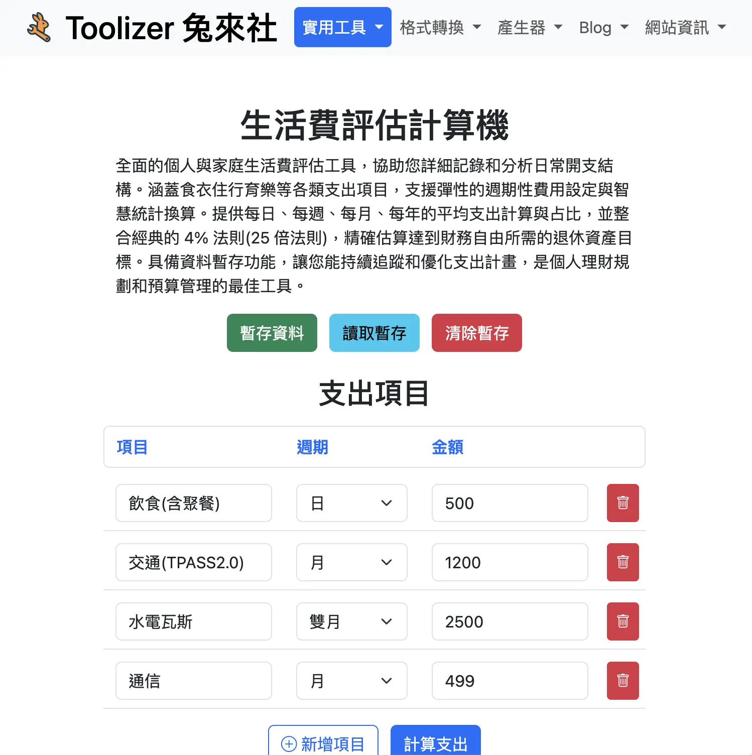 本站生活費評估計算機參考畫面