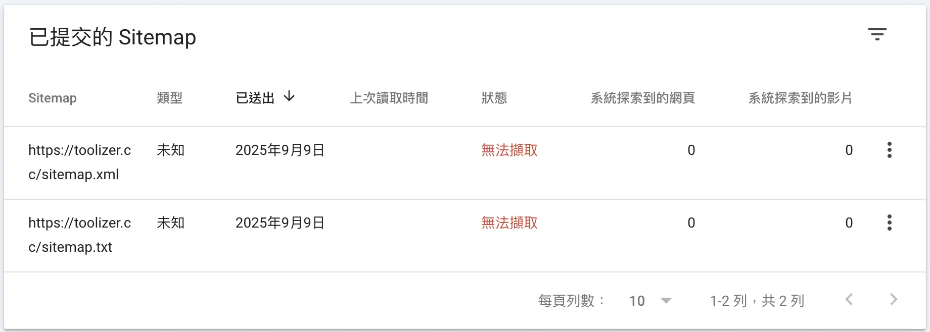 Sitemap 無法擷取的狀態